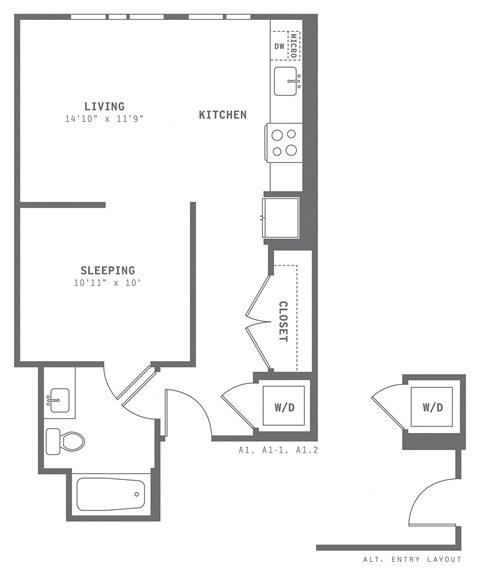 Floor plan for 1 bed, 1 bath, 571 sqft
